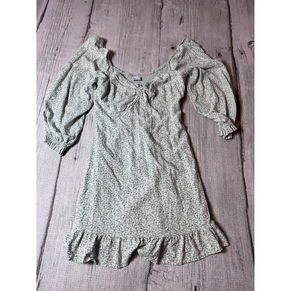 Hollister Floral Mini Dress Womens Medium Green Excellent Puff Sleeve Smocked - Picture 1 of 5